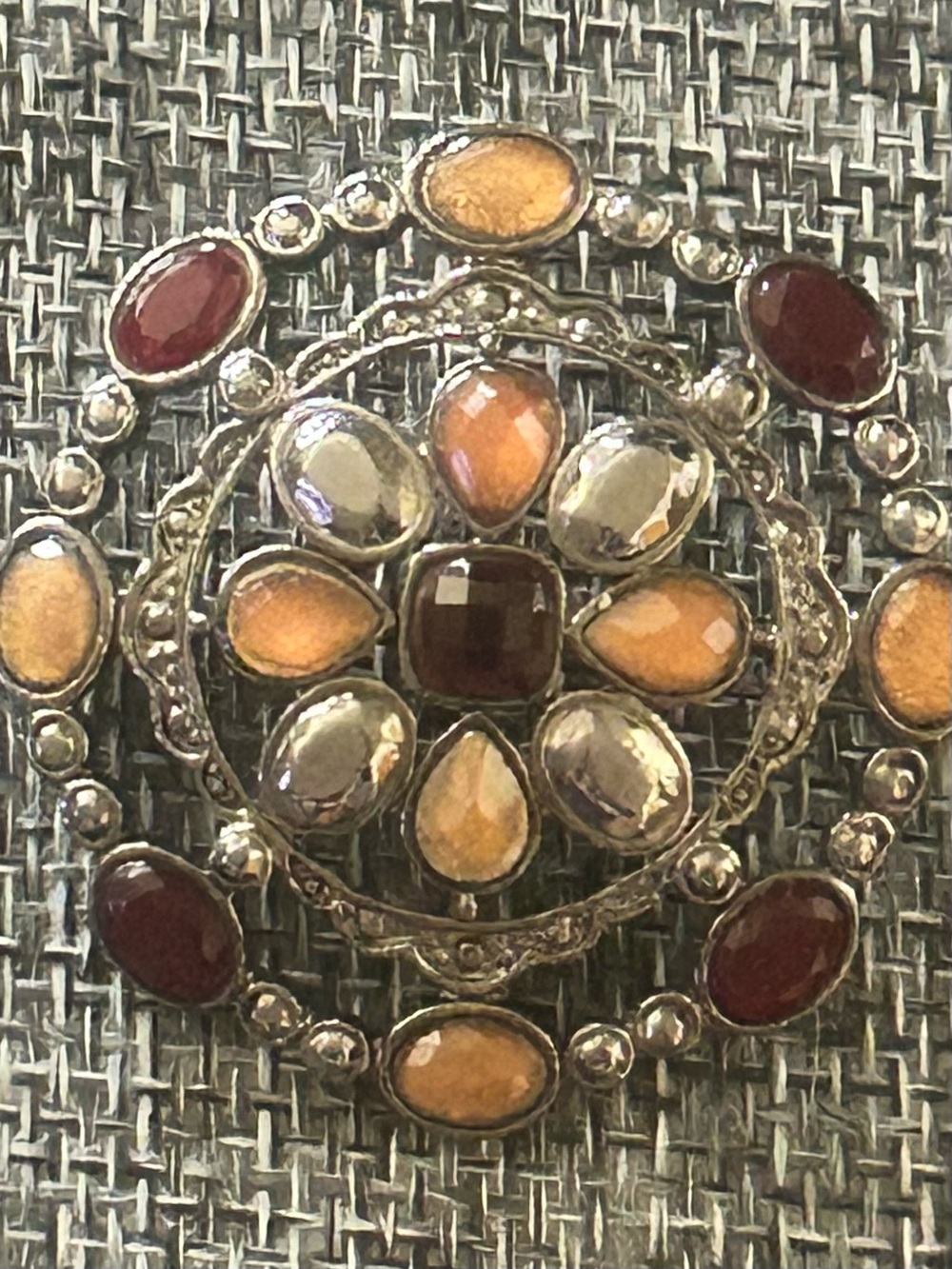Vintage-Inspired Floral Statement Brooch in Amber and Garnet Tones
